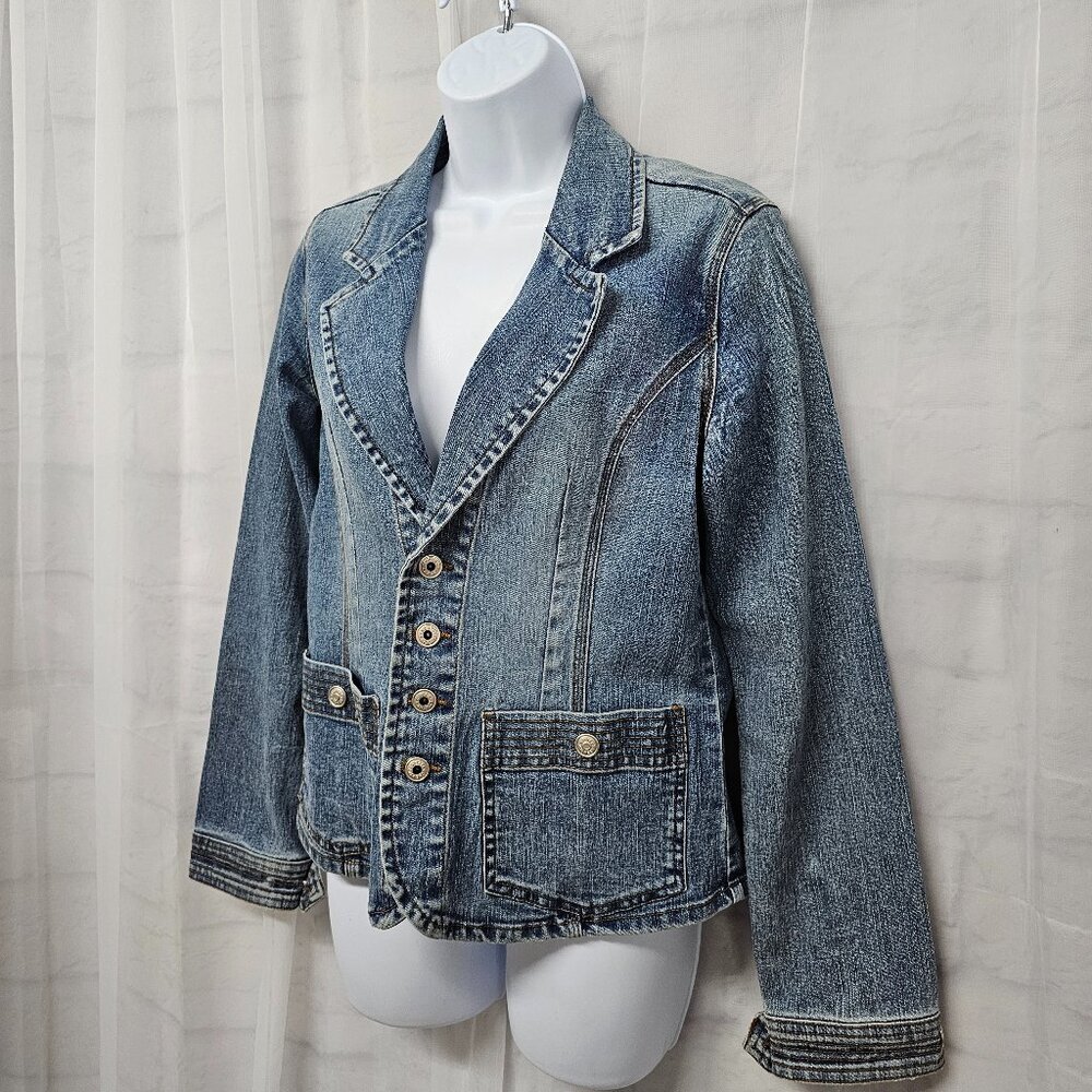 OTB Blue Denim Blazer Jacket Y2K Boho Western Prairie Coastal L - Picture 5 of 12